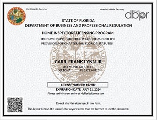 Florida state home inspector licence held by our Deltona home inspectors