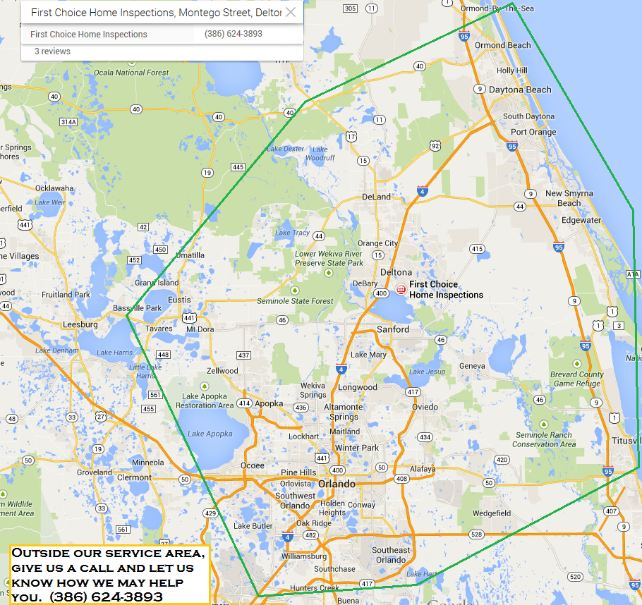 first choice Home Inspection service area for 2021 (386) 624-3893, Orlando, Daytona Beach, Leesburg, Home Inspection Service Area